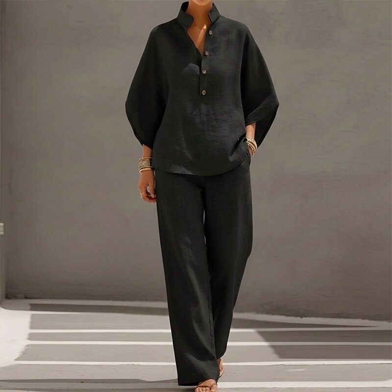 Womens Spring Fashion Set Casual Solid Color Button Down Collar Straight Leg Pants Perfect for Everyday Wear