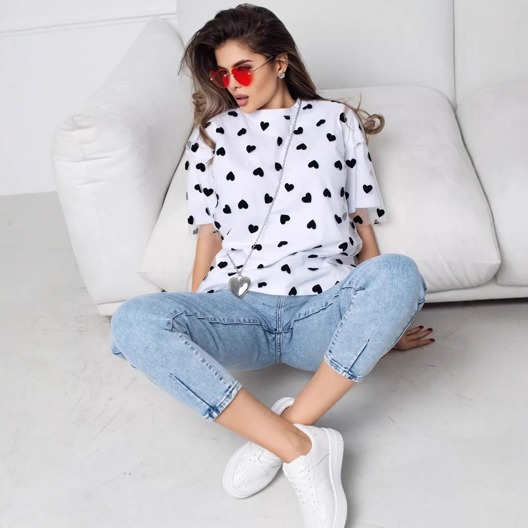 Loose Fit Heart Mesh Patchwork T Shirt Sexy Design Short Sleeve Round Neck Casual Wear for Women Wholesale Available