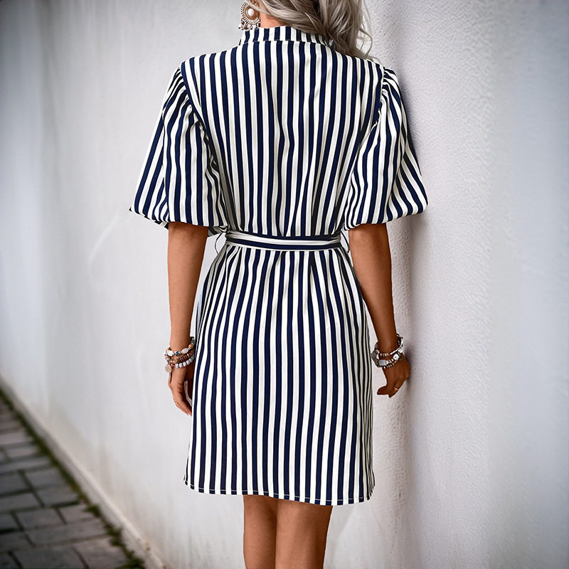 Casual Striped Shirt Dress Ruffle Sleeve Stand Collar European and American Style Perfect for Spring and Summer