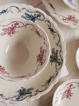 Retro Nostalgic Bouquet Dessert Curry Pasta Breakfast Plate Copper Plate Transfer Classical Plant Print Flat Dinner Plate Rice Bowl