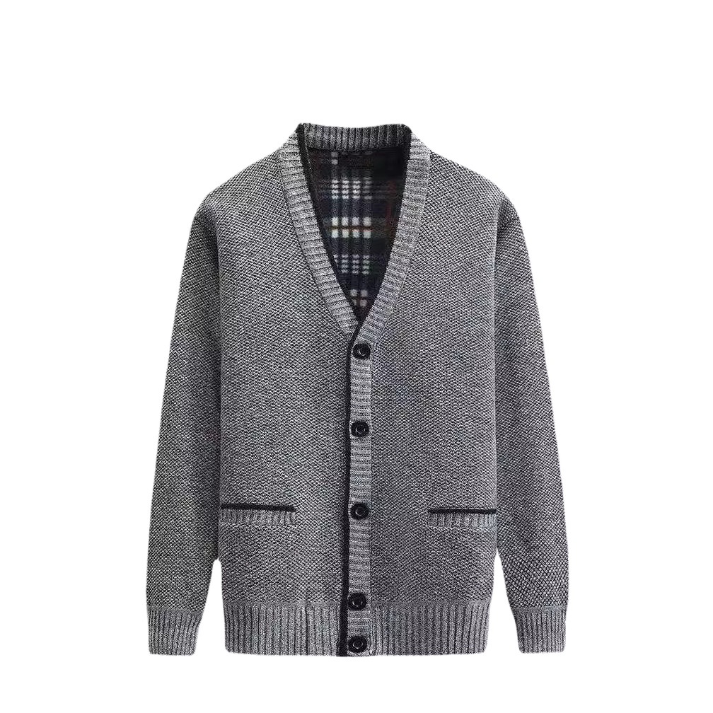 一件代发  冬季中年男加绒毛衣开衫 加厚V领中老年爸爸装针织外套