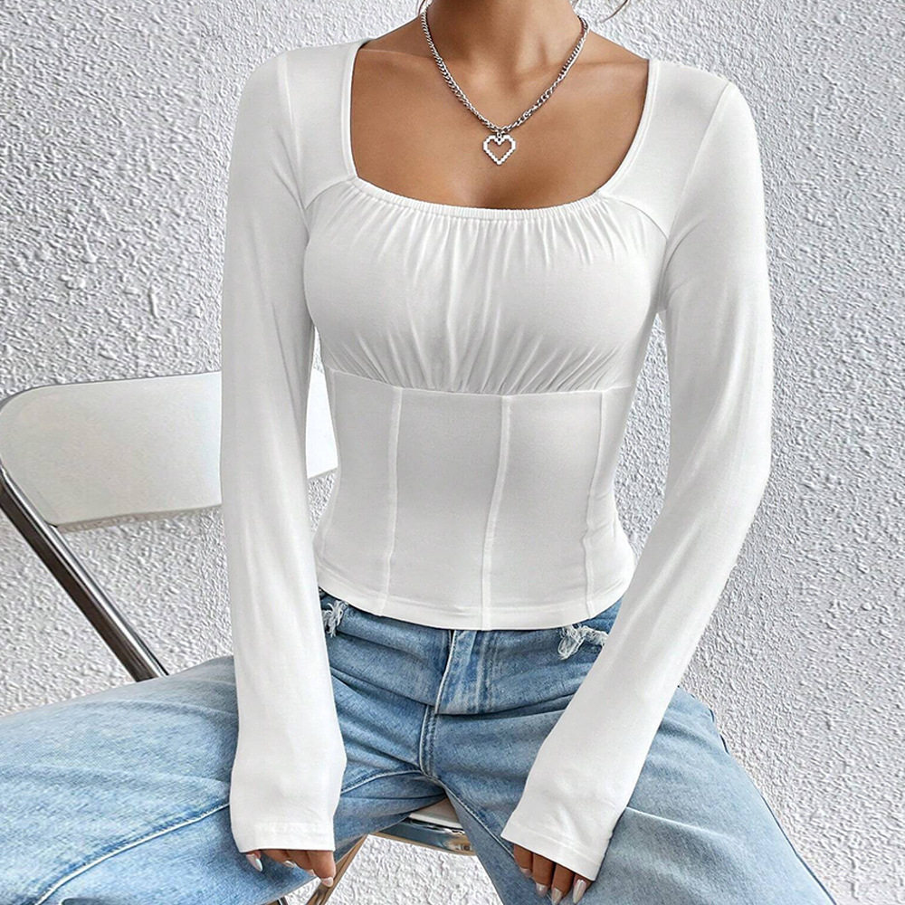 Slim Fit Long Sleeve T Shirt Square Neck Solid Color Casual Style Spring Summer Collection Wholesale Available