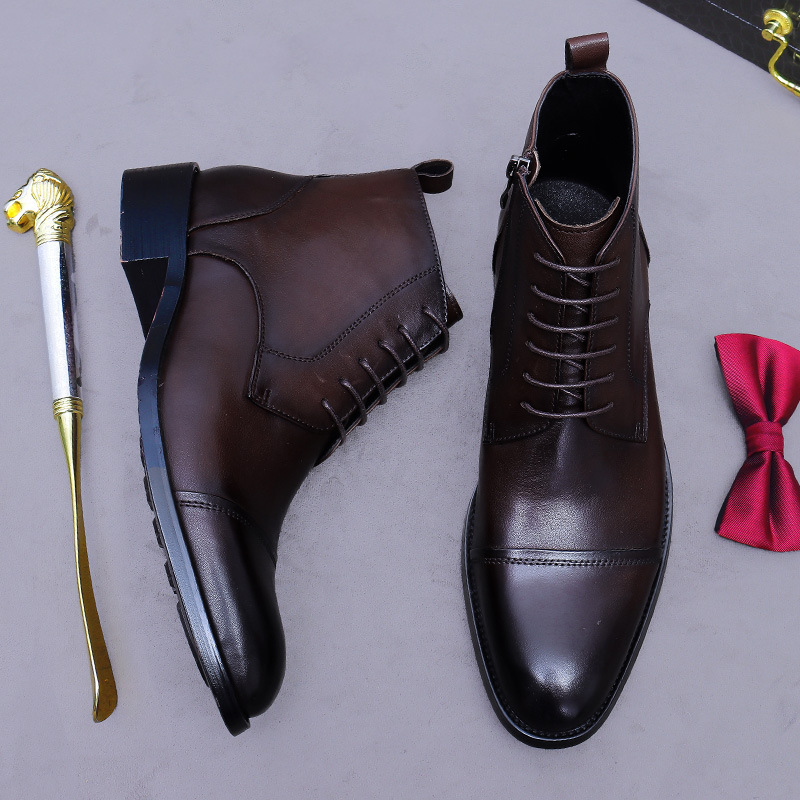 Giày boot nam cổ thấp da bò thật dây kéo phong cách công sở — đen, nâu