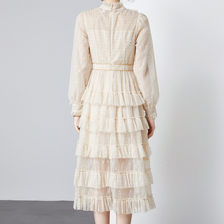 Elegant Long Sleeve A Line Dress High End Lightweight Fabric Waist Defining Sheer Mesh Cake Style Perfect for