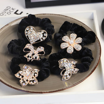 Clearance Sale! Elegant Black Rhinestone Bow Hair Tie, Heart-Shaped Full Rhinestone Hair Ring, Ponytail Bun Hair Tie