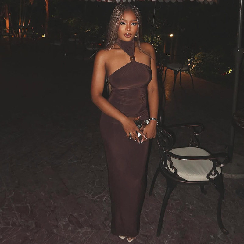 Elegant Bodycon Dress Solid Color Halter Neck Curve Hugging Long Length Perfect for Evening Parties Wholesale