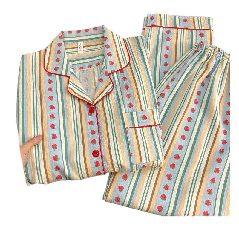 带胸垫大码睡衣女春秋季长袖甜美少女草莓条纹家居服套装现货跨境