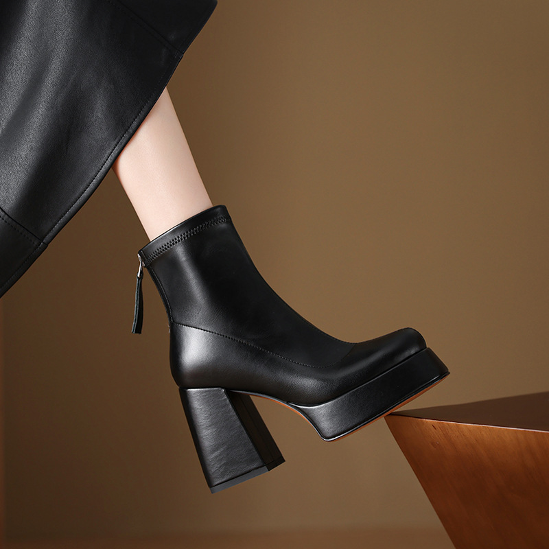 Boot nữ cổ thấp gót thô đế dày 10cm phong cách cá tính — Mặt da màu đen lót nhung, Mặt da màu đen một lớp bên trong, Màu đen da lộn một lớp bên trong, Màu đen mặt nhung lót trong