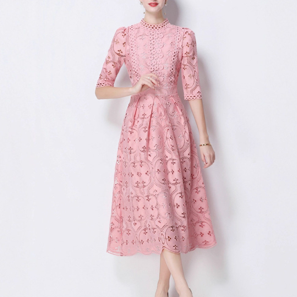 Elegant Womens Long Dress High Quality Water Soluble Lace Hollow Embroidery Waist Defining Slim Fit Perfect for