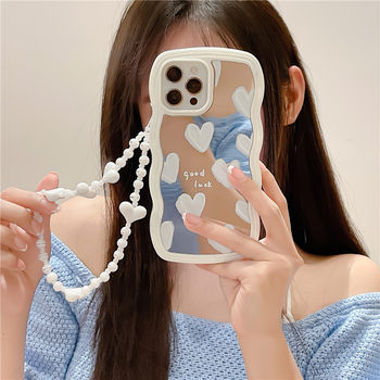 High-End Oil Painting White Heart Chain 17Promax Mirror Phone Case Suitable for Apple 16Pro Protective Case 15P