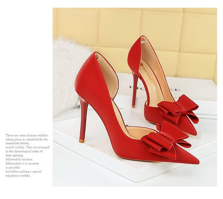 Giày cao gót nữ mũi nhọn gót siêu cao 10.5cm mặt lụa satin thắt nơ hở hông — Màu đen, Màu đỏ hoa hồng, Màu đỏ rượu, Màu hồng