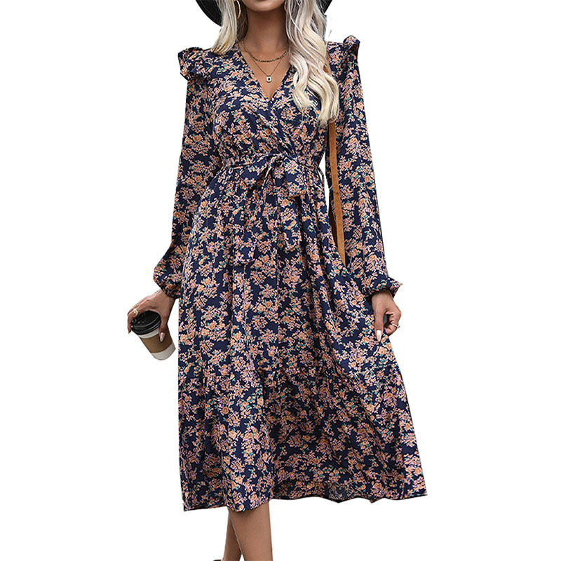 Floral Print V Neck Long Sleeve Dress Ruffled Hem Autumn Style Womens Fashion for Casual Occasions Wholesale