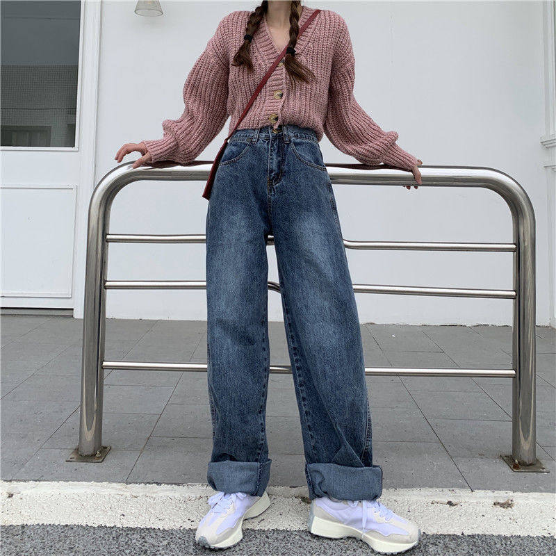 High Waisted Loose Fit Denim Pants Vintage Style Straight Leg Versatile Slimming Spring and Autumn Fashion