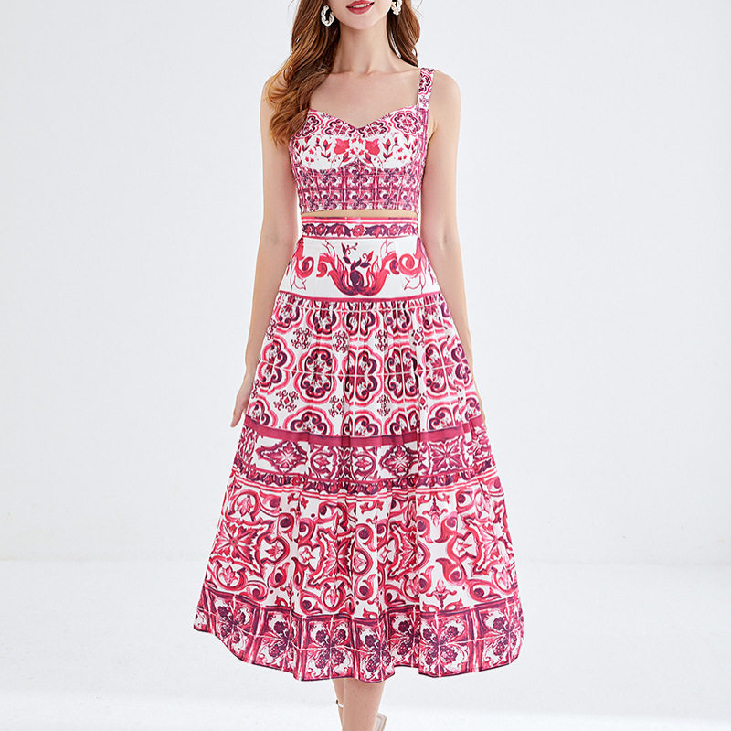 Floral Print Two Piece Set Sleeveless Crop Top High Waisted Midi Skirt Summer Casual Wear Wholesale Available