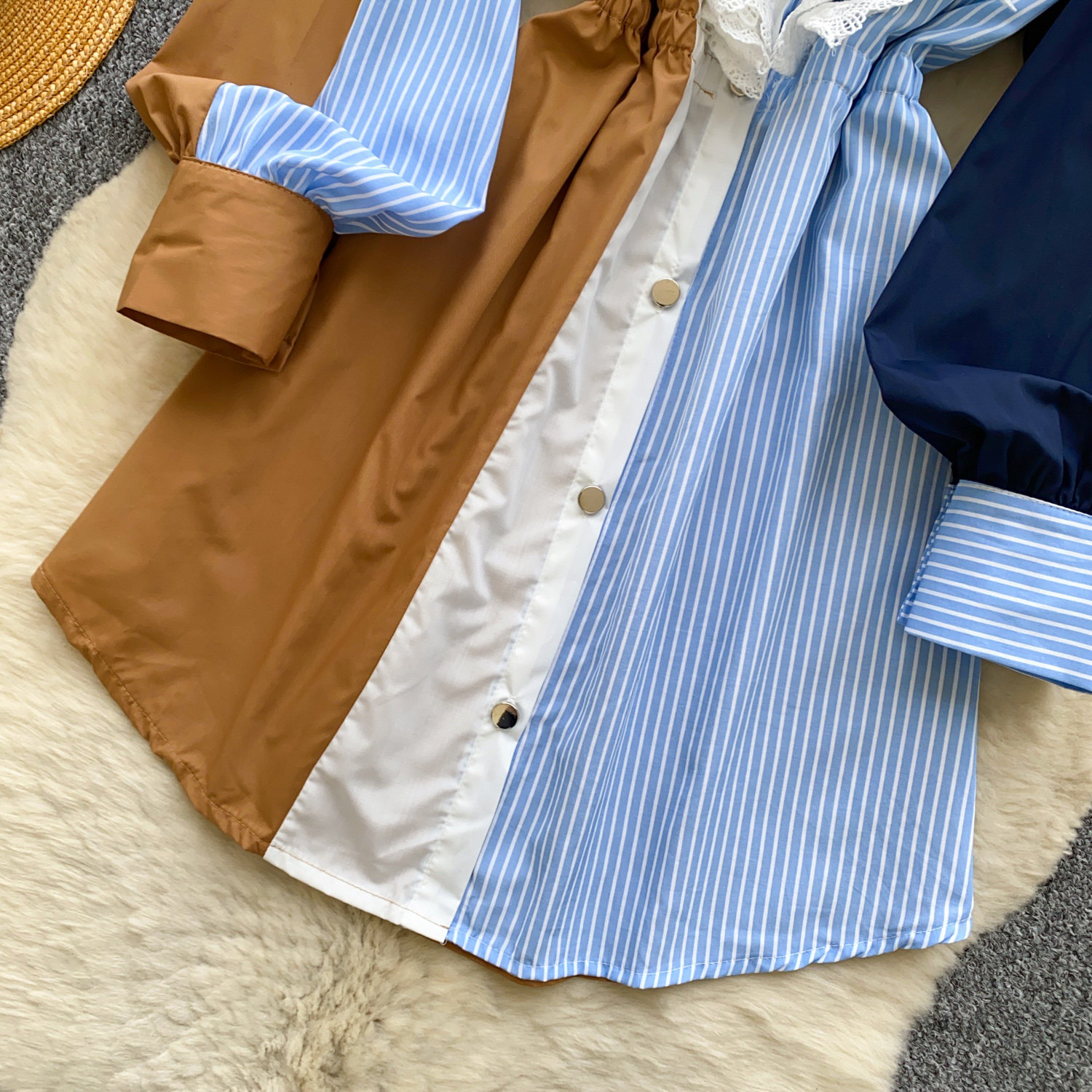 Vintage Color Block Two Piece Shirt Dress Long Sleeve Striped Waist Defined Mid Length Summer Casual Wear