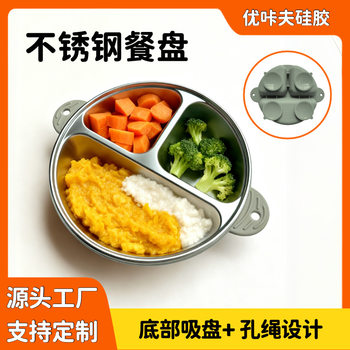 Cross-Border Stainless Steel Silicone Suction Cup Food-Grade Anti-Drop, Anti-Spill, Anti-Scalding Three-Compartment Cartoon Tableware Children's Dinner Plate