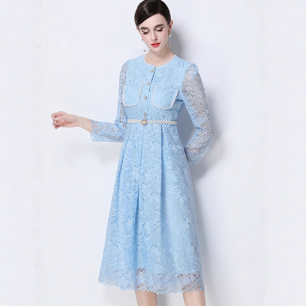 French Elegant Lace Dress Beaded Waist Tie Floral Design Evening Wear Cocktail Party Wholesale Available
