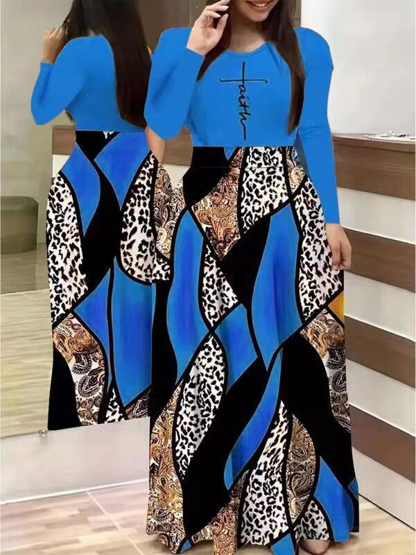 Casual Long Sleeve Maxi Dress 200g Fabric Floral Print Round Neck Perfect for Spring and Summer Wholesale Available