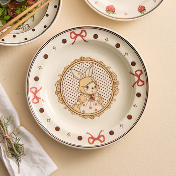 Ceramic Plate Household Dish Plate Creative Underglaze Color Dinner Plate Creative Cute Cartoon Rabbit Tableware Deep Plate Round Plate