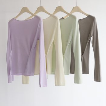 Lyocell Tencel Horn Sleeve Tight Waist Oblique Buckle Split Two-Wear Knitted Top Women's Spring and Summer New Thin One-Character Collar