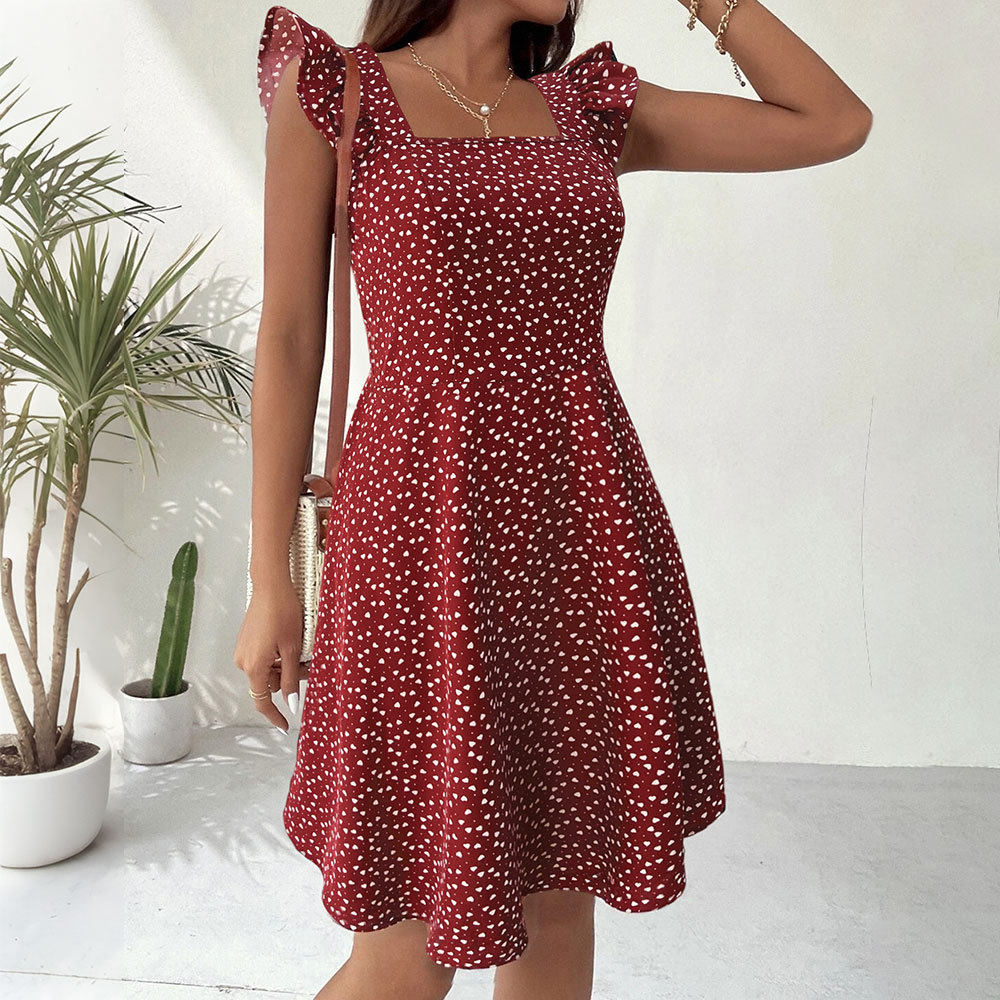 Summer A Line Dress Square Neck Heart Print Short Sleeve High Waist Slim Fit Perfect for Petite Figures