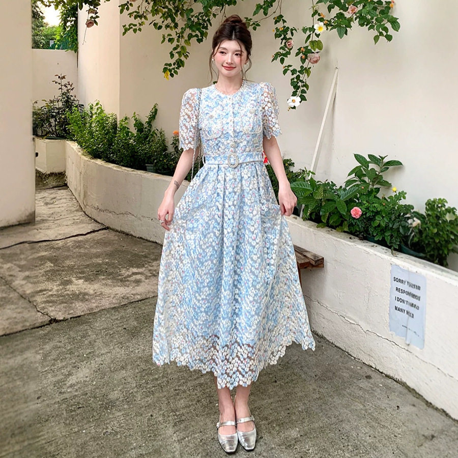 Pink Lace Hollow Out Short Sleeve Dress High Waist A Line Silhouette Elegant Summer Office Wear Wholesale Available