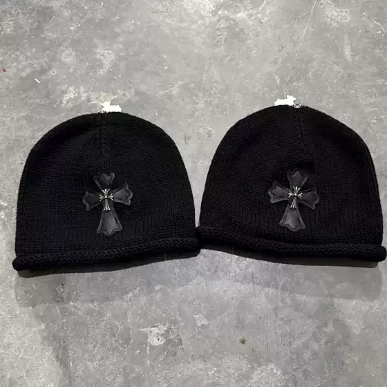 2026 New Autumn and Winter Retro Cross Leather Label Knit Beanie Hat, Warm Street Style, Slimming Casual Bucket Knit Hat