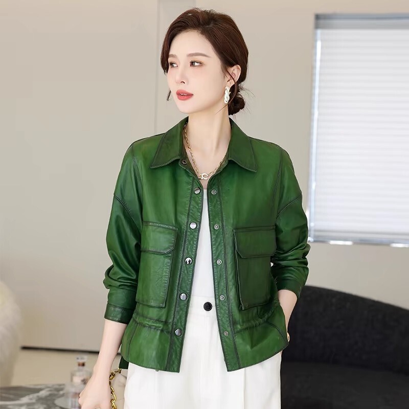 Áo khoác da cừu nữ dáng ngắn cổ vuông thắt eo — Màu đen, Màu đỏ rượu, Màu xanh lá