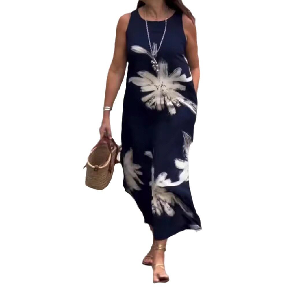Summer Floral Print Sleeveless Dress for Women Round Neck Pocket Design Casual Style Wholesale Available