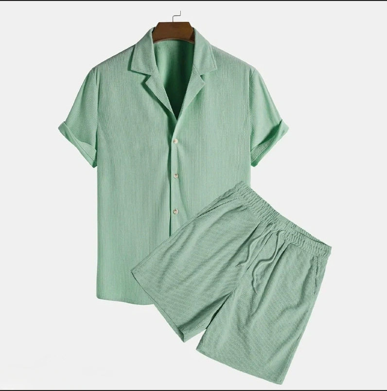 欧美速卖通外贸独立站男休闲宽松多色沙滩装坑条短袖套装两件套