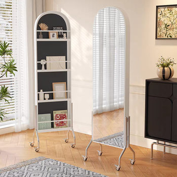 Dual-Purpose Dressing Mirror Storage Rack, Household Floor Mirror, Simple Magazine Rack, Rotating Full-Length Mirror, Movable Dressing Mirror