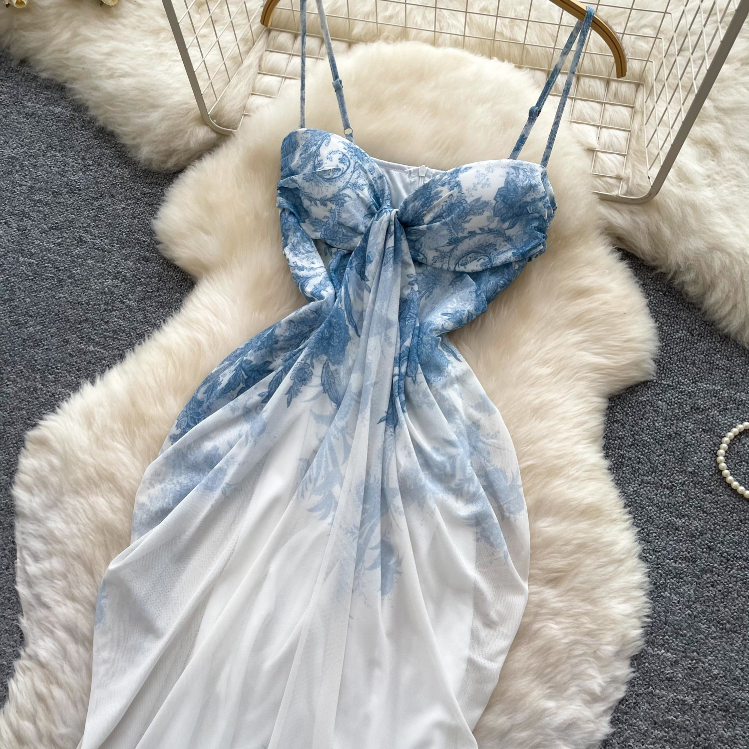 Floral Print Maxi Dress Blue and White Porcelain Design Irregular Hem Waist Cinching Elegant Style Perfect for