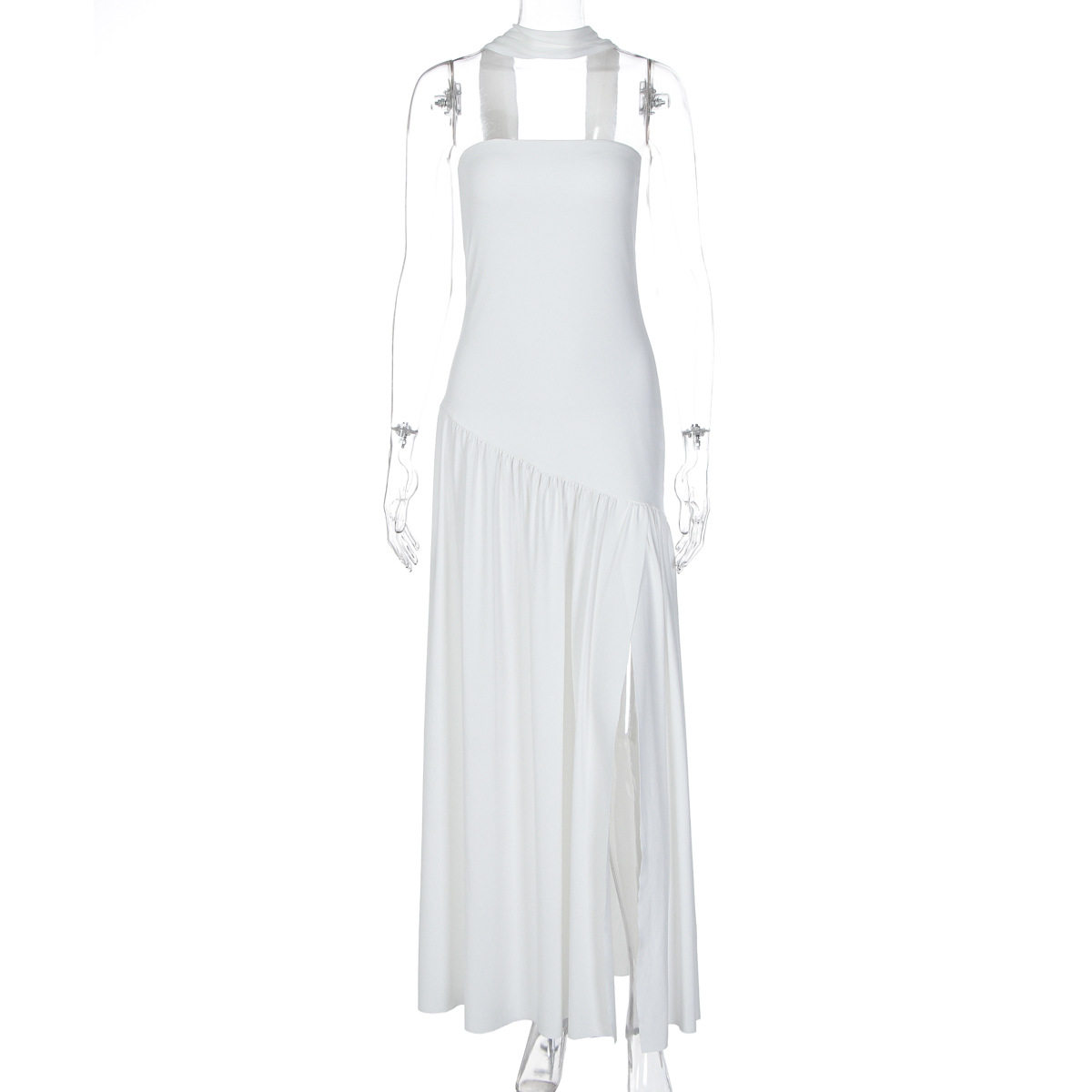 欧美跨境新款女装时尚气质抹胸修身纯色开叉露背优雅飘带连衣裙女