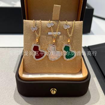 V gold material high quality medium gourd necklace White fritillary Red chalcedony green jade Chinese style elements all-match style