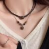 Leather Tiger Eye Stone Necklace for Women, Retro Elegant Sweater Chain, Accessible Luxury Niche Stacking Chinese Style Clavicle Chain Sweatshirt Accessories