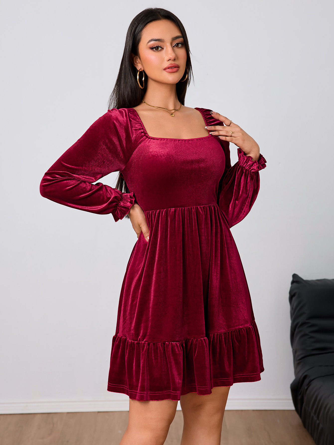 French Style Velvet Midi Dress Elegant Burgundy Color Spring Summer Collection Wholesale Available
