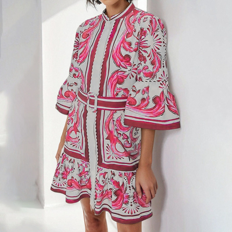 Elegant Floral Print A Line Dress Waist Defining Bell Sleeves Spring Fashion Perfect for Parties and Events
