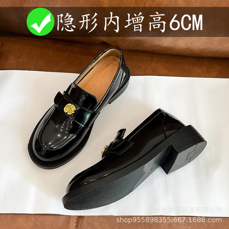 New Leather Version in Stock, Autumn and Winter Fleece-Lined Thick-Soled Slip-On Genuine Leather Loafers with Hidden Height Increase for Women