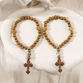 Cross-border Amazon Hot Selling Men's and Women's Handmade Baptism Rosary Prayer Bracelet Wooden Bead Cross Bracelet Jewelry