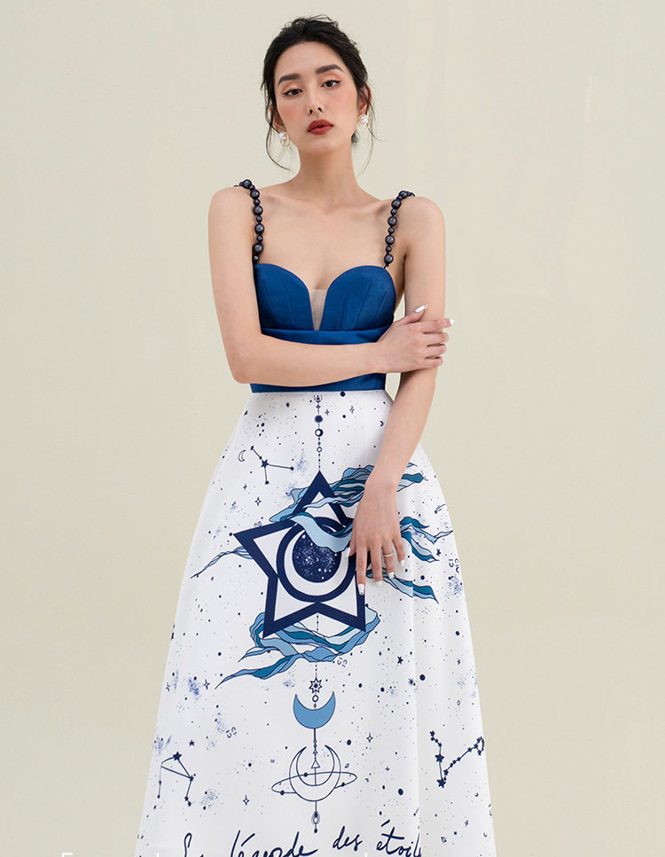 Đầm maxi nữ thắt eo in họa tiết cổ V không tay — Màu như ảnh chi tiết 2