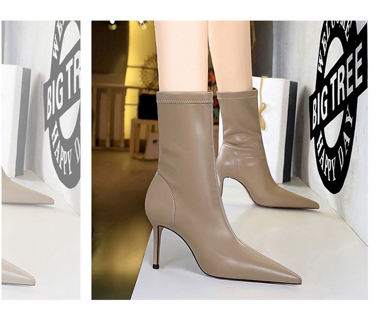 Boot nữ cổ thấp mũi nhọn gót nhọn cao 7.5cm phong cách thanh lịch — Màu đen lót một lớp, Màu đen lót nhung, Màu Kaki lót nhung, Màu Kaki một lớp lót trong