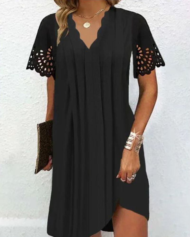 Summer Lace Short Sleeve Dress Wave V Neck Elegant Fit Comfortable Fabric Perfect for Office Wear OEM Available