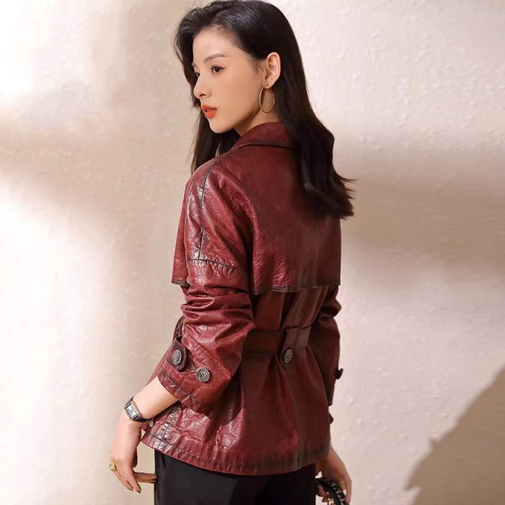 Áo khoác da bò nữ dáng ngắn cổ vest phong cách thanh lịch — Màu đỏ rượu