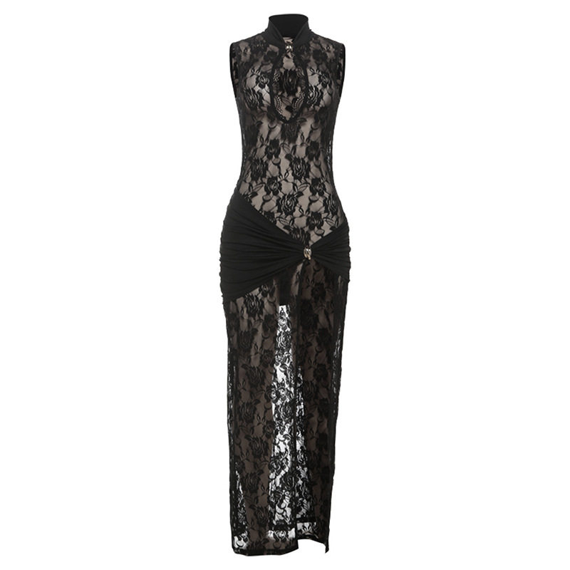 Fashionable Womens Bodycon Dress Hollow Lace Patchwork High Slit Sexy Design Spring Summer Collection Wholesale