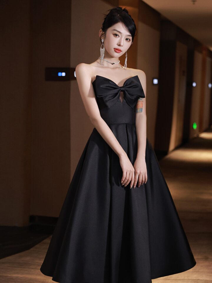 Váy Dạ Hội Nữ Dáng Dài Hở Vai Thắt Nơ Phong Cách Pháp Màu Đen