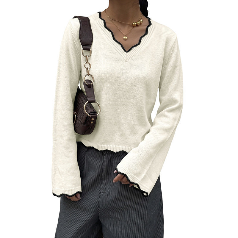 Color Block V Neck Sweater Korean Style Casual Wave Edge Perfect for Fall Winter Wholesale Available