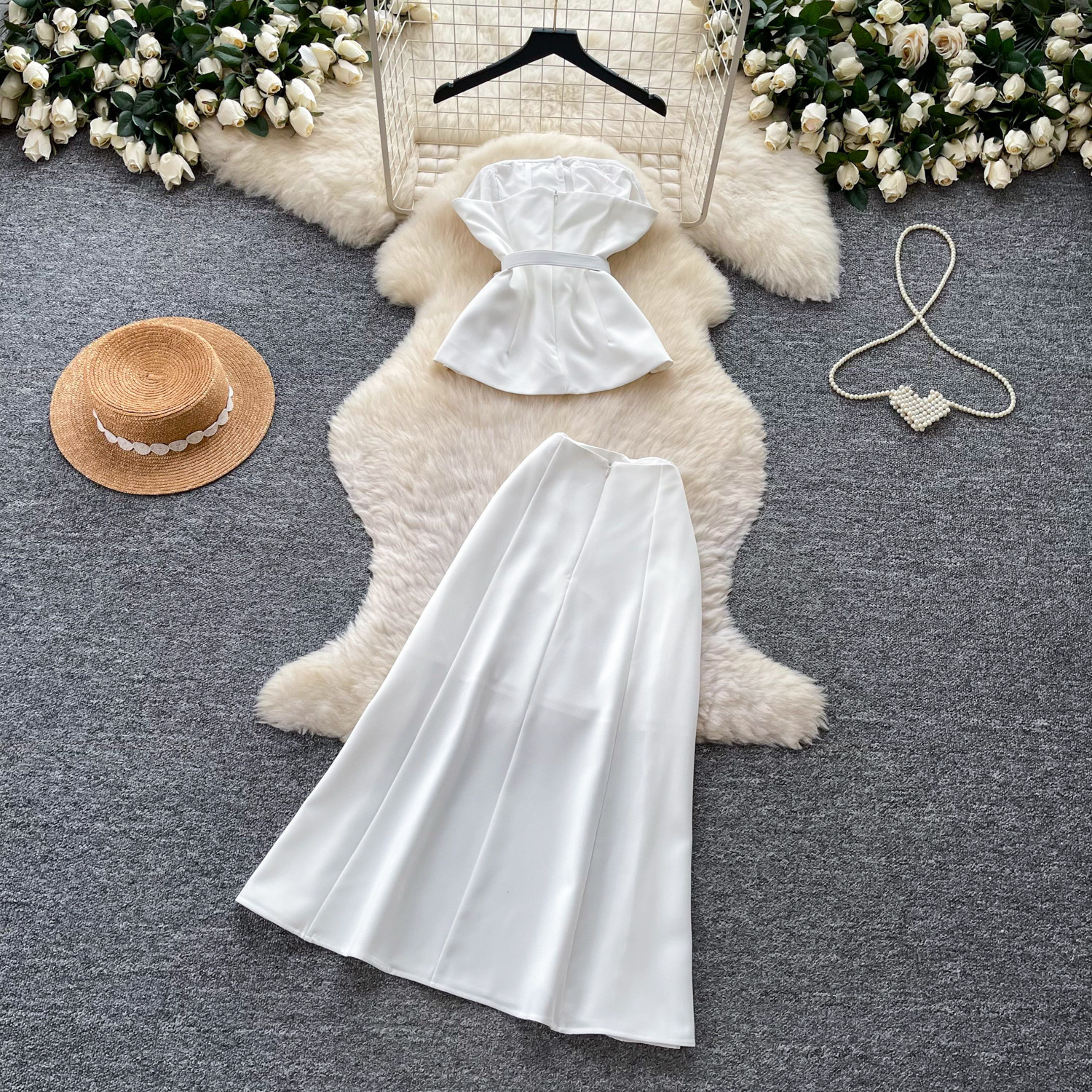Elegant White Strapless Crop Top and Fitted Midi Skirt Set Summer Office Wear Slimming Chic Style Wholesale Available