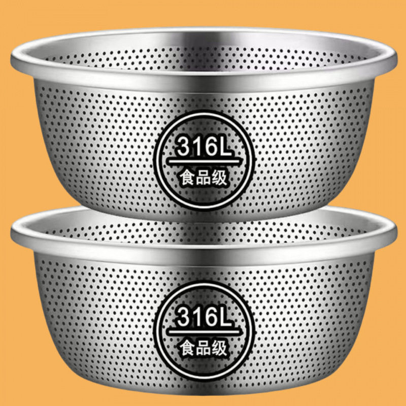 Food-Grade Thickened Stainless Steel Basin, Vegetable Washing Basin, Draining Basket, Household Kitchen Colander, Rice Washing Basin, Fruit Basket