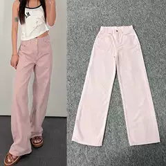 Ce High-Waisted Straight-Leg Jeans for Women, Pink Loose Casual Versatile Wide-Leg Pants, European and American Style, 2026 New Model