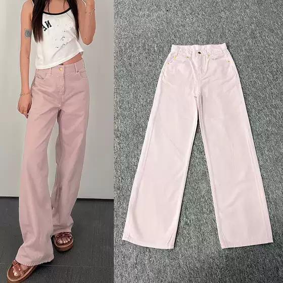 Ce High-Waisted Straight-Leg Jeans for Women, Pink Loose Casual Versatile Wide-Leg Pants, European and American Style, 2026 New Model